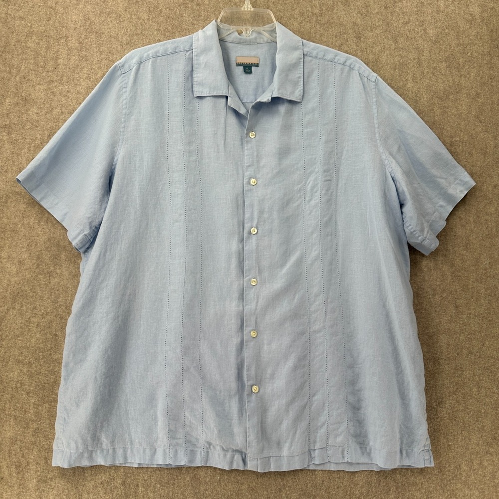 BREAKWATER 100% Linen Button Shirt Mens‎ XL Short Sleeve Blue Embroidered